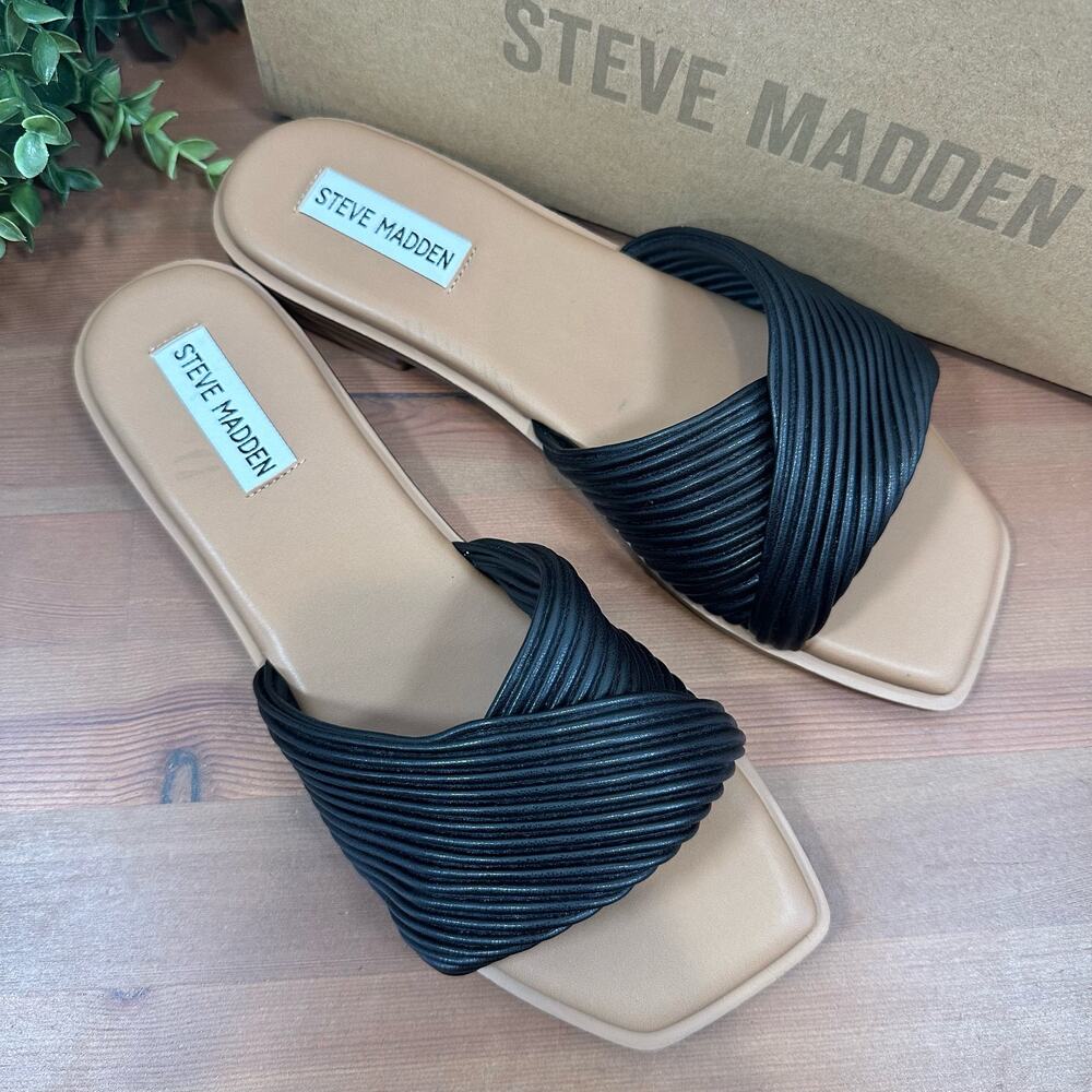 Steve Madden Women's Limitt Textured Black Slide Sandals Size 8.5